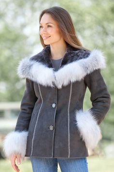 Women's Irma Shearling Sheepskin Jacket with Fox Fur Trim by Overland Sheepskin Co. (style 13913) Luxury Sheepskin Women's Vest, Luxury Sheepskin Outerwear With Faux Fur Lining, Luxury Fluffy Sheepskin Outerwear, Trim Styles, Sheepskin Jacket, Sheepskin Coat, Fox Fur, Outfits For Women, Fur Trim