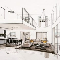 a drawing of a living room and kitchen area with stairs leading to the second floor