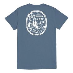 (1) Organic Summer Camp Tee Slate – Coyote Provisions Blue Outdoor Tops With Screen Print, Blue Relaxed Fit T-shirt For Outdoor Activities, Blue Screen Print Tops For Outdoor Activities, Blue Tops With Screen Print For Outdoor Activities, Blue Screen Printed Tops For Outdoor Activities, Summer Camping Graphic Tee, Summer Graphic Tee For Camping, Blue Cotton T-shirt For Outdoor Activities, Blue Crew Neck Top For Camping