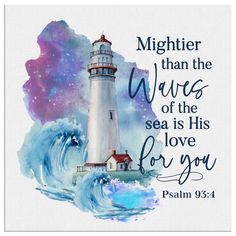 a watercolor painting with a lighthouse and bible verse on the bottom, which reads, might