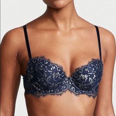 New With Tags Victorias Secret Dream Angels Lightly-Lined Lace-Up Demi Bra Allure Lace Demi Bra Shimmer Lace Ensign Blue This Dreamy Demi Is Even More Heavenly, With A Super-Soft Lining That Conforms To Your Curves, A Smoothing U-Shaped Back And Stretchier Lace Sides For A Flawless, Ultra-Comfy Fit. Showcasing Our Signature Allure Lace Threaded With Silver Yarns. Lightly Lined Underwire Adjustable Straps Hook-And-Eye Closures At Back Hand Wash Imported Memory Foam Padding A Soft, Elastic Band Ke Elegant Fitted Blue Bra, Elegant Blue Lace Bra, Silver Elegant Fitted Bra, Elegant Fitted Silver Bra, Womens Black Tshirt, Silver Bra, Red Lace Bralette, Victoria Secret Pink Bras, Victoria Secret Body