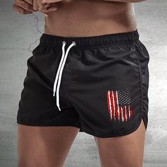 Category:WE-Pants; Season:Spring  Summer; Fabric:Polyester; Gender:Men's; Style:Casual,Fashion; Elasticity:Micro-elastic; Occasion:Holiday,Beach,Weekend,Swimming Pool; Details:Without Lining; Fit Type:Regular Fit; Function:Quick Dry,Comfort; Waistline:Mid Waist; Pattern:National Flag; Design:Drawstring,Elastic Waist; Pants Type:Board Shorts,Swim Trunks,Swim Shorts; Fly Type:Drawstring,Elasticity; Front page:FF; Listing Date:06/07/2024; Production mode:External procurement; Hips:; Length:; Waist:; Fit US Size:; Pants Length:Short Black Swim Shorts Men, Casual Stretch Swimwear, Casual Stretch Swimwear For Leisure, Summer Gym Shorts With Drawstring, Gym Shorts For Summer, Black Drawstring Shorts For Beach, Black Drawstring Beach Shorts, Black Leisure Bottoms For Beach Season, Summer Sports Bottoms With Drawstring