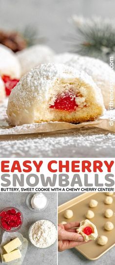 an easy cherry snowball recipe is shown in this collage with instructions for how to make it