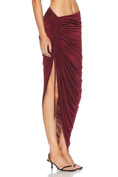 Find ATLEIN Asymmetric Ruched Skirt In Burgundy on Editorialist. Atlein Asymmetric Ruched Skirt in Burgundy 100% viscose. Made in France. Dry clean. Unlined. Pull-on styling. Drawstring ruching details. ATLF-WQ3. J08232. About the designer: Ruched Midi Party Skirt, Elegant Pleated Asymmetrical Bottoms, Elegant Asymmetrical Pleated Bottoms, Stretch Ruched Asymmetrical Maxi Skirt, Ruched Asymmetrical Stretch Maxi Skirt, Asymmetrical Stretch Maxi Skirt With Ruched Details, Ruched Draped Maxi Skirt For Party, Chic Pleated Asymmetrical Draped Skirt, Chic Ruched Draped Skirt For Night Out