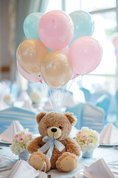 30 Beautiful Teddy Bear Baby Shower Centerpieces to Inspire You Bear Center Piece For Baby Shower Girl, Centerpiece For Gender Reveal, Teddy Bear Table Centerpieces, Teddy Bear Baby Shower Centerpieces, Bear Centerpiece Ideas, Bear Baby Shower Centerpieces, Gender Reveal Teddy Bear, Butterfly Baby Shower Centerpieces, Teddy Bear Plushies