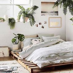 a bed with white sheets and pillows in a room filled with potted plants on the wall