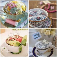 there are pictures of teacups and other things