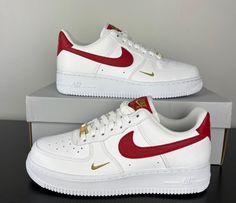 Nike Air Force Red And White, Red Nikes For Women, Nike Airforce Shoes, White And Red Air Force 1, Red And Gold Sneakers, Quince Nike Shoes, Red Shoes Nike, Shoe Wishlist Women, Nike Air Force Woman