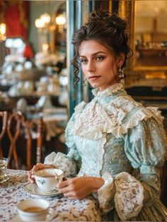 a woman sitting at a table with a cup and saucer