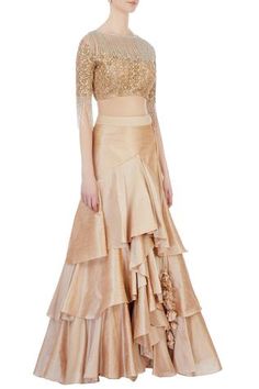 Shop for Shruti Ranka Gold Raw Silk Layered Lehenga With Embroidered Blouse for Women Online at Aza Fashions Elegant Fitted Sharara With Tiered Skirt, Fitted Tiered Lehenga For Reception, Fitted Tiered Skirt Lehenga For Reception, Elegant Fitted Tiered Sharara, Elegant Fitted Tiered Skirt Sharara, Fitted Tiered Skirt Sharara For Reception, Festive Fitted Tiered Lehenga, Fitted Festive Sets With Ruffled Skirt, Festive Fitted Sets With Ruffled Skirt