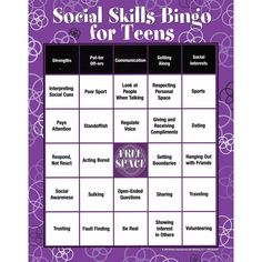 the social skills bingo game is shown in pink and black, with flowers on it