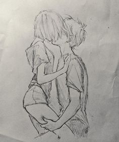 a pencil drawing of two people hugging each other in front of a sheet of paper