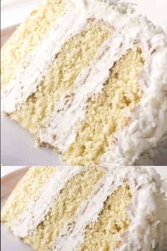 two pictures of a slice of cake with white frosting on top and the bottom