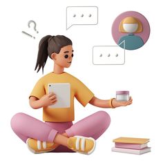 a woman sitting on the floor holding a tablet and looking at speech bubbles above her head