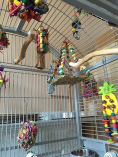 a bird cage filled with lots of toys and birds hanging from it's sides