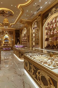 the interior of a fancy pastry shop with gold trimmings and white marble flooring