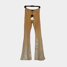 Shimmering, Sparkling Pull-On Flare Pants By Retrofete Features All Over Vertical Sequins That Reflect The Light Creating An Almost Liquid Effect. Gorgeous Golden Nude Neutral. Flattering, Stretchy, And Hugs The Body In Just The Right Places. Invisible Zip And Hook Closure At The Side. Wear It For A Night Out Or Even Just Because Paired With A Crop Tee Or Sweater. Cotton/Lycra Blend, Embellishments Are Hand Stitched, Made In India. Break Out The Heels For This 34" Inseam Pant. Color Is True To S Beige Bottoms For Spring Parties, High Waist Beige Pants For Night Out, Beige Bottoms For Fall Party, Fall Party Bottoms In Beige, Fall Party Beige Bottoms, Beige Stretch Bottoms For Night Out, Stretch Beige Bottoms For Night Out, Beige High Waist Party Bottoms, Fitted Beige Bottoms For Night Out