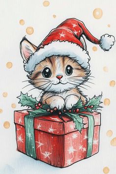 a drawing of a cat wearing a santa hat and holding a present box with holly on it