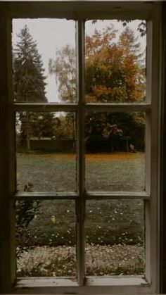 an open window with grass and trees in the background