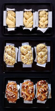 several trays filled with different types of doughnuts on top of each other