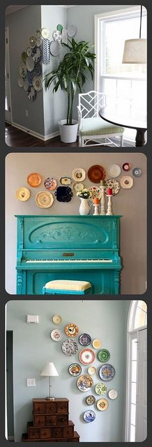 there are four pictures of different things on the wall and in the room, including a piano