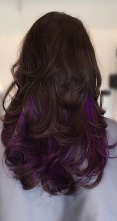 Purple highlights #long hair Fun Hair Inspiration, Brown Hair With Purple Tips, Highlights Long Hair, Purple Hairstyles, Chic Haircut, Dark Purple Hair, Purple Highlights, Planting Ideas, Fun Hair