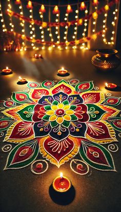 a decorated floor with lit candles and lights around the design in the center is a colorful flower, which looks like a kaleikabob ornament