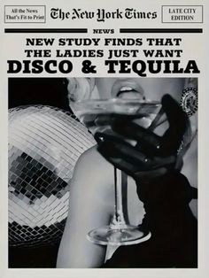 an advertisement for disco and tequila with a woman holding a wine glass in her hand