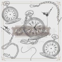 a drawing of various clocks and chains on a white background with an ornate border around them