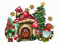 a christmas scene with gnomes and a mushroom house