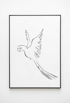 a black and white drawing of a bird flying