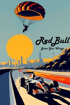 a red bull racing car on a race track with a parachute flying over the top