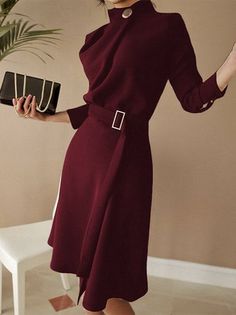 Stand Neck, Business Party, Elegant Midi Dresses, Split Dress, Dresses Elegant, Skirt Belt, Moda Vintage, Long Sleeve Midi, Long Sleeve Midi Dress