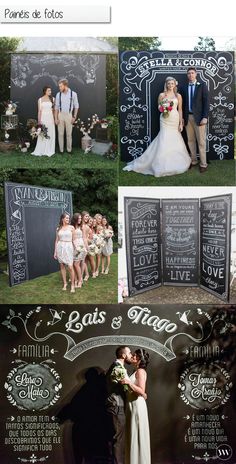 the wedding party is posing for pictures in front of chalkboard signs and floral arrangements