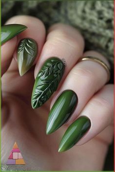 Lunar Moth Nail Art, Leaf Pattern Nails, Poison Ivy Nails Designs, Forest Nails, Virgo Nails, Virgo Goddess, Matte Background, Bee Nails, Green Nail Designs