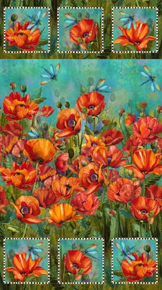 a painting of red and orange flowers with dragonflies on the top, in front of a blue background