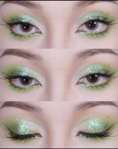 green eye makeup Colourful Eyeshadow Looks, Tinkerbell Makeup, Fairy Eye Makeup, Colourful Eyeshadow, Everyday Eyeshadow, Green Eye Makeup, Alien Makeup, Green Eyeliner, Korea Makeup