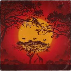 the sun is setting behind trees and giraffes are silhouetted against an orange sky