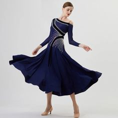 YUN Customisable-Women's Long Sleeve Off Shoulder Diamonds Waltz Modern Ballroom Dance Dress Competition Dresses Blue Ballroom Dance Dresses Waltz, Modern Ballroom, Standard Dance, Ballroom Dance Dress, Quickstep, Competition Dress, Ballroom Dance Dresses, Performance Dresses, Foxtrot