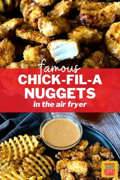 chicken nuggets in the air fryer with dipping sauce on top and an image of