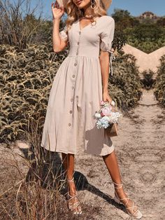 Dresses Dress With Hat Outfit, Dress With Hat, Tie Sleeve Dress, Modest Clothes, Causal Dresses, Cotton Linen Dresses, A Line Shorts, Woman Weaving, Mid Length Skirts