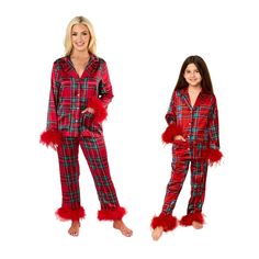 Beautiful, bougee, and super soft! These are the PERFECT holiday pjs for women, teens and girls! Whether you're relishing a Momma & Me Holiday pajama party or just want to go super glam for the evening, these pjs are the vibe! Beautiful satin plaid button down pj top with matching pull-on satin pjs with elastic waist. Cuffs and ankles finished off with a festive faux-fur accent. 95% polyester 5% spandex Available in two beautiful holiday plaid patterns/colors. Available in women's sizes: S-2XL ( Red Matching Winter Sleepwear, Red Matching Sleepwear For Winter, Red Matching Sleepwear For Holidays, Matching Winter Pajama Party Sets, Matching Winter Sets For Pajama Party, Matching Sets For Pajama Party In Winter, Matching Holiday Sleepwear For Pajama Party, Red Holiday Sleepwear For Sleepover, Red Holiday Sleepwear For Sleepovers