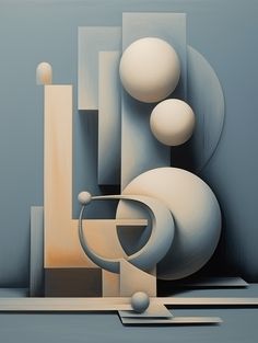 an abstract painting with white and grey shapes on a blue background, including two balls