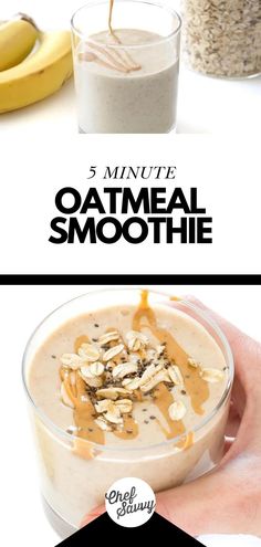 a hand holding a bowl of oatmeal smoothie