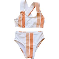 This two piece bikini set features wide straps that cross in the back, paired with high waisted bottoms. Suit is fully lined. Patterns may vary on each suit depending on where they were cut from on the fabric. Fabric is UPF 50+ | Roco Swim | Retro Stripe Cross Back Bikini, White (Stripes, Size 18-24M) | Maisonette collects the best children’s products from around the world (unlike Zulily, Etsy, The Tot, Farfetch Kids, Childrensalon, Crate and Kids, Kohls, Wayfair, Buy Buy Baby, Nordstroms, Mini High Waisted Bottoms, White Bikinis, Baby Swimming, Cute Bathing Suits, Retro Stripes, Boy Accessories, Cute Swimsuits, Swimwear Brands, Kids Swimwear