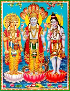 three deities standing next to each other in front of water