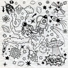 black and white space doodle with rockets, stars and planets