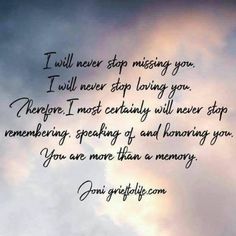 an airplane flying in the sky with a poem written on it that says i will never stop missing you, i will never stop loving you