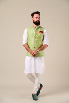 Important Instrucitons : We request you to kindly calculate the processing time of your order after the mutual confirmation on Bespoke measurements between us has taken place (either via message , e mail or form) Men can wear Half-Jackets and style them in many different ways. Want to look traditional? Great! Wear a Half Jodhpuri Jacket with your Men Kurta and Pajama. Want to wear it to a party? Try Half Jodhpuri Jacket with Trousers. If you are all about comfort this summer, then these Half Jac Cotton Nehru Jacket With Cutdana For Wedding, Fitted Green Cotton Bandhgala, Traditional Cotton Nehru Jacket For Wedding, Pista Green Nehru Jacket With Chikankari Embroidery For Wedding, Green Cotton Nehru Jacket For Diwali, Fitted Nehru Jacket With Cutdana For Puja, Green Cotton Sherwani For Wedding, Green Nehru Jacket For Wedding Diwali, Fitted Nehru Jacket With Zari Work For Puja