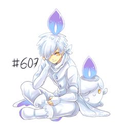 an anime character sitting on the ground next to a stuffed animal with two candles in it's ears